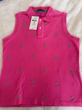 Ralph Lauren Golf Women’s Sleeveless Polo Top - Pink with Green Pony Embroidery